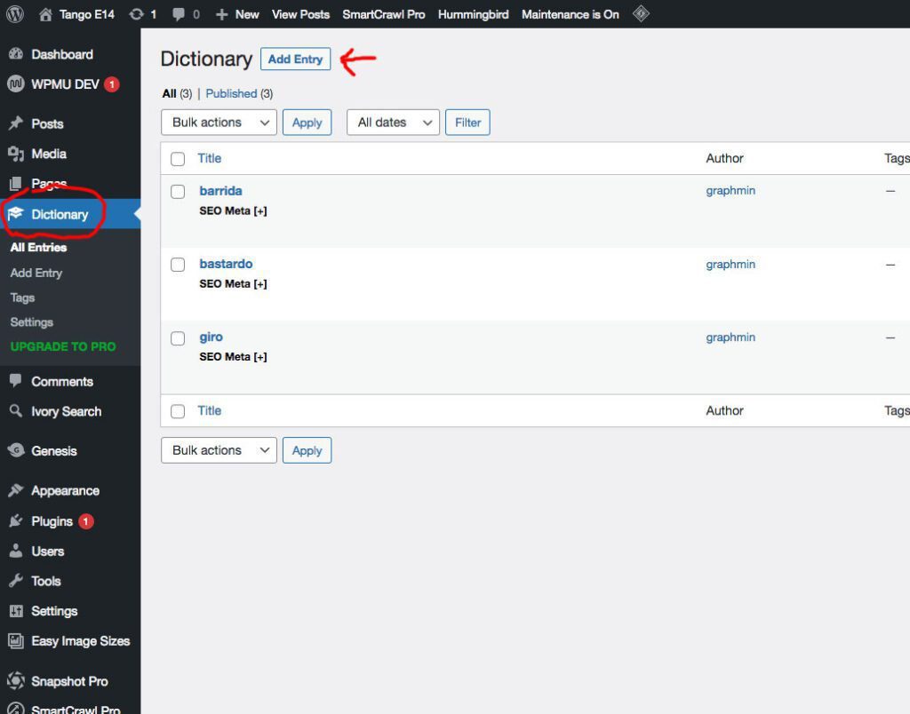Dictionary in admin dashboard