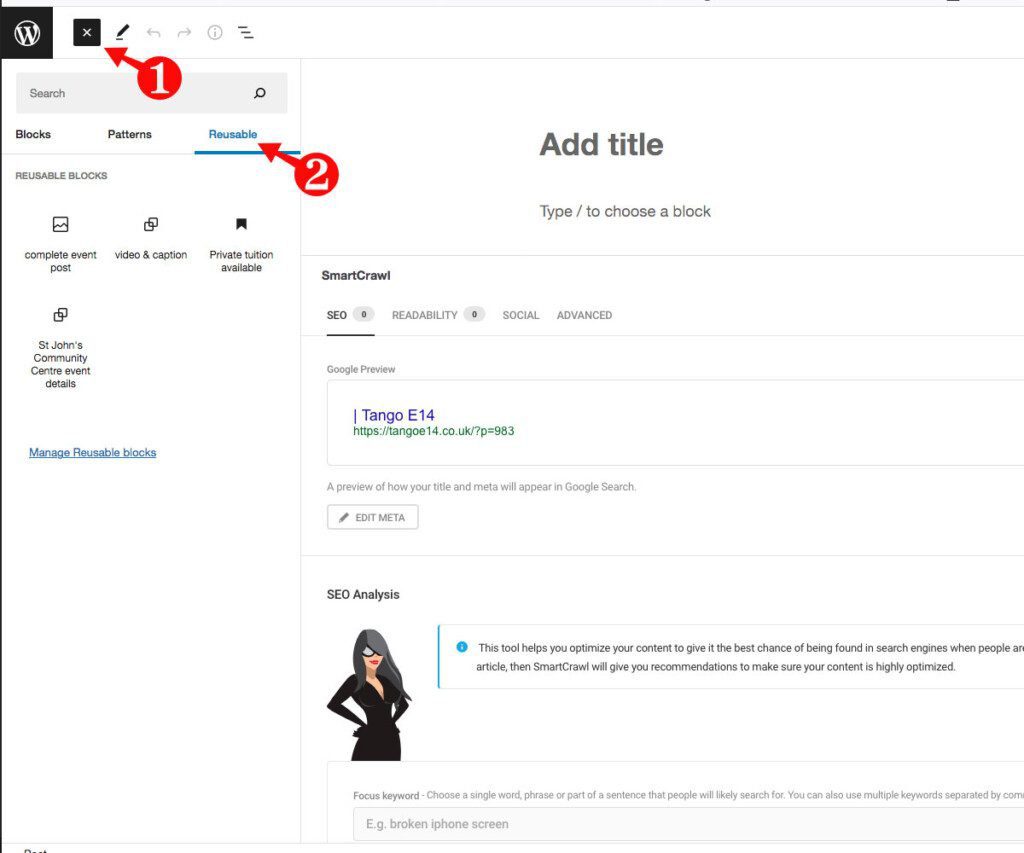 Start by creating a post from your WordPress dashboard. 1: In the new, blank post, click on the blue + button to open the complete list of blocks. 2: Click on the 'reusable' tab to show the custom blocks I have created