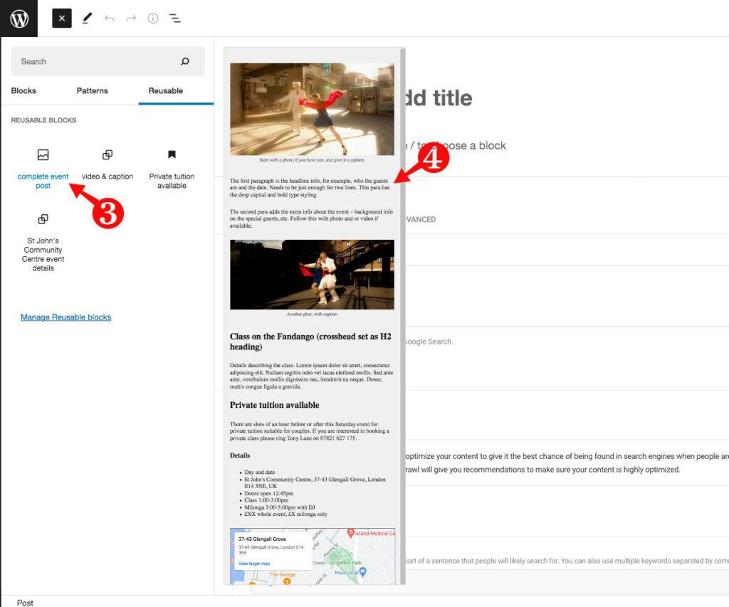 3: You'll see I have created a number of blocks and named them as a guide to their content but 4: mouseover and you'll see a preview of the block content. Click on the block to add it to your post