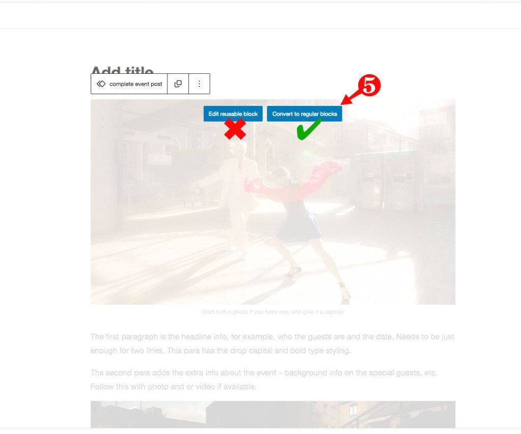 When you add one of these custom blocks to your post, it will need 'unlocking' to edit it. 5: You'll be asked to either 'edit the reusable block' or 'convert to regular blocks'. You want the latter – convert to regular blocks